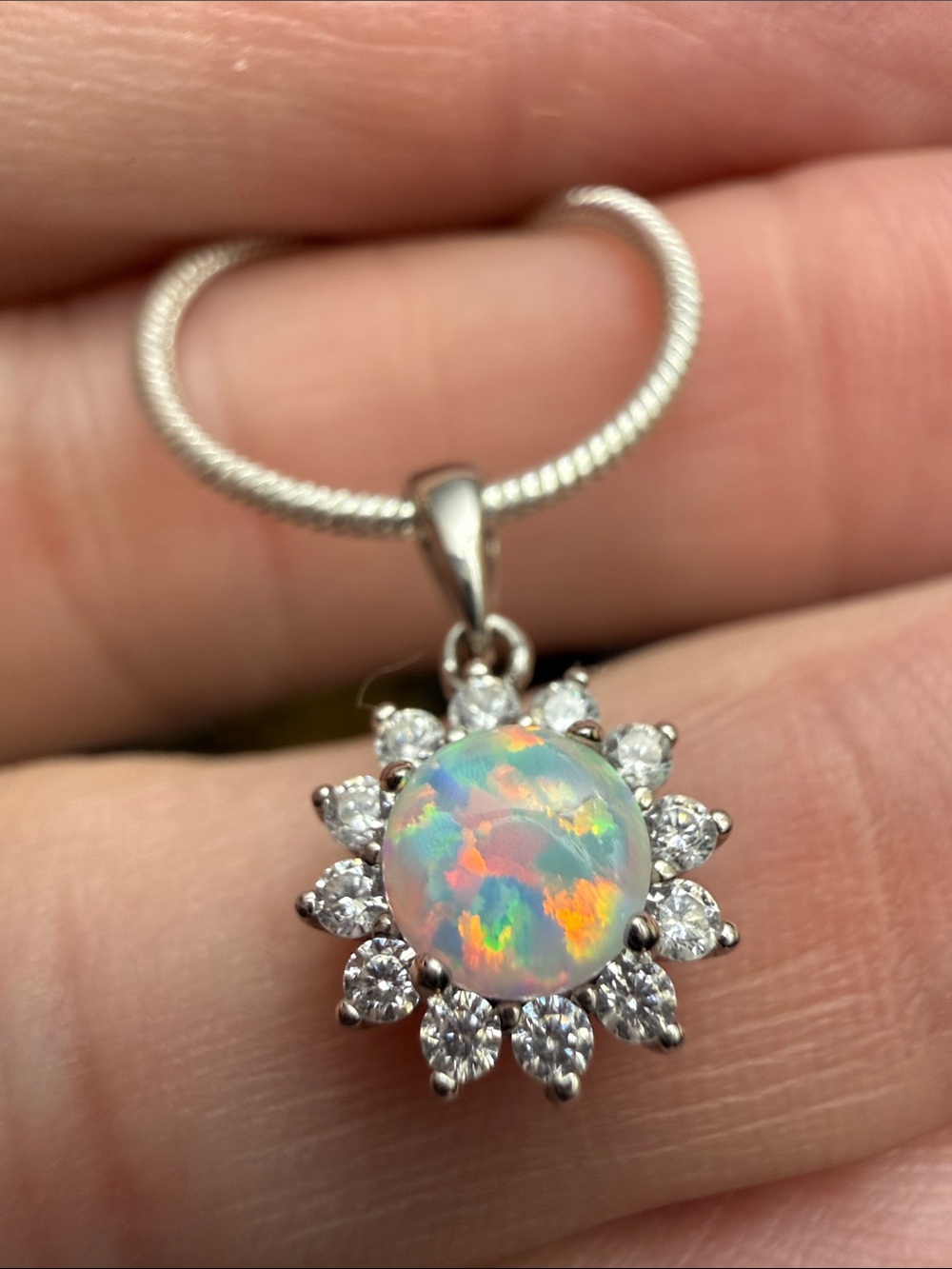 925 Sterling Silver Opal Flower Pendant Necklace MOISSANITE DIAMONDS